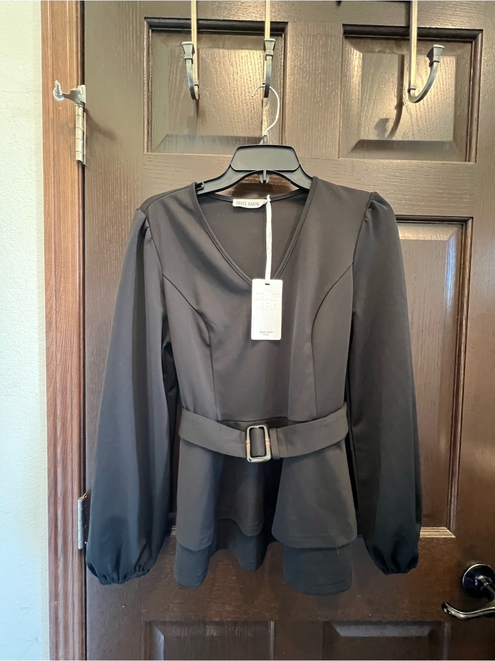Black Grace Karin Belted Peplum Long-Sleeve Top